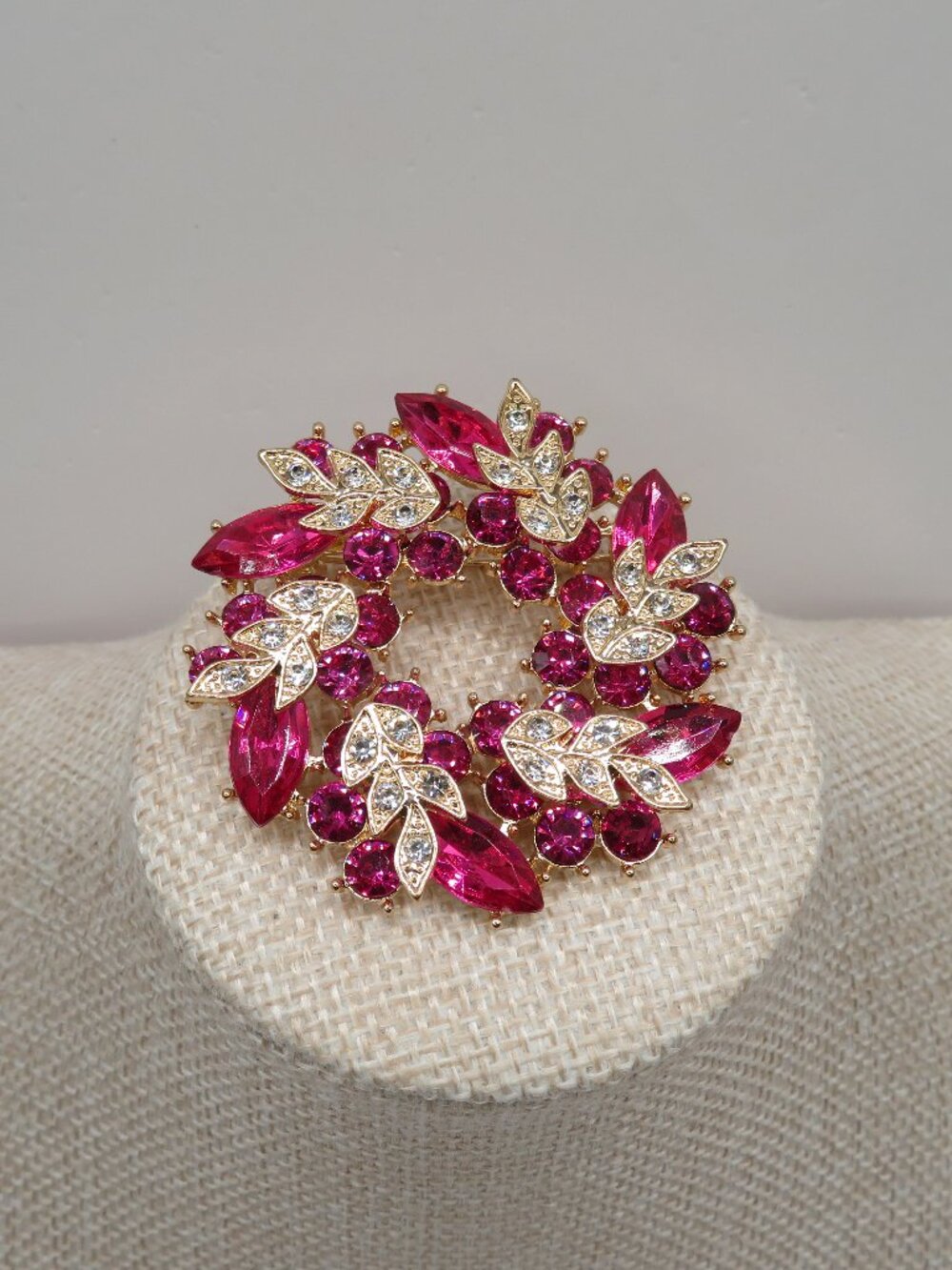 Pink Clear Floral Gold Tone Brooch
